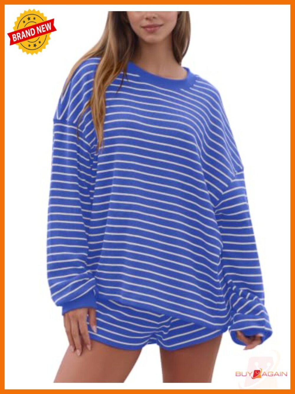 Waffle Knit Striped 2 Piece Lounge Set Oversized Sweatshirt Shorts
